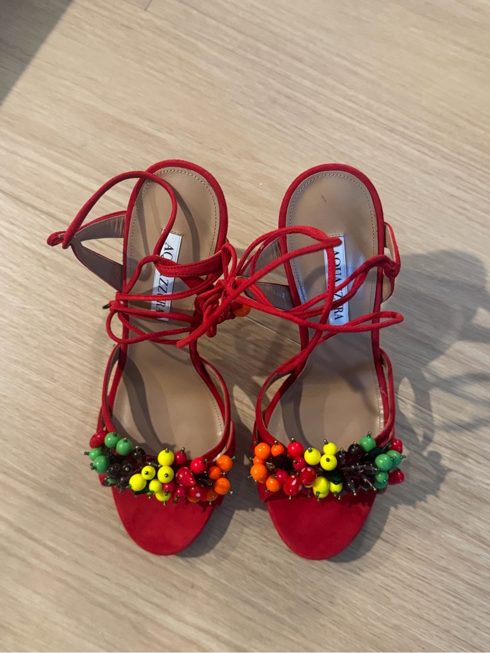 Aquazzura Red Embellished Lace-Up Women’s Sandals